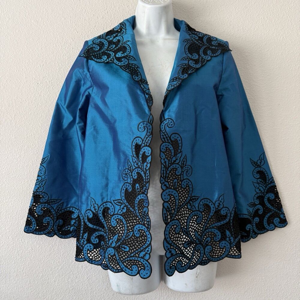 Marisa Baratelli Thai Silk Turquoise Evening Jacket Cutwork Lace Shrug Coat 10